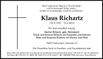 Traueranzeige von Klaus Richartz von Pegnitz-Zeitung